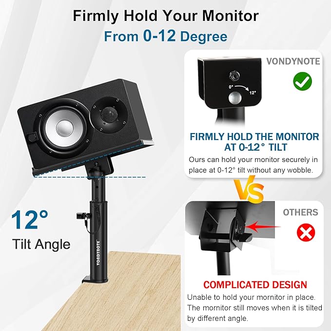 Studio Monitor Stands Pair Heavy Duty Desk Clamp Speaker Stands with Adjustable Tilt Angle Tray of 0-12 °