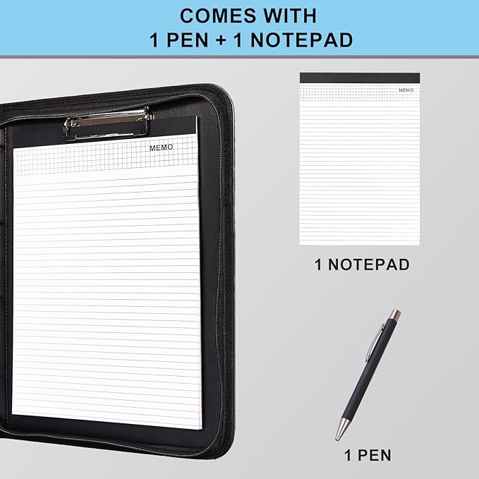 Eshow Leather Portfolio Professional Business Padfolio with Zipper - Interview Resume Notefolio Premium Legal Document Organizer with Card Holder, Writing Pad and File Folders for Men and Women