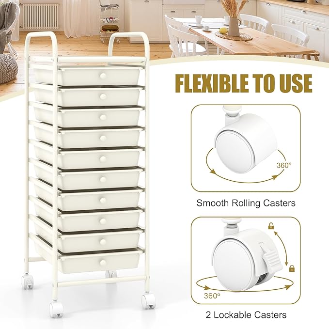 COSTWAY 10-Drawer Rolling Storage Cart, Utility Mobile Trolley with Removable Drawers & Universal Casters & 2 Brakes, Versatile Flexible Drawer Organizer Cart for Home, Office, White
