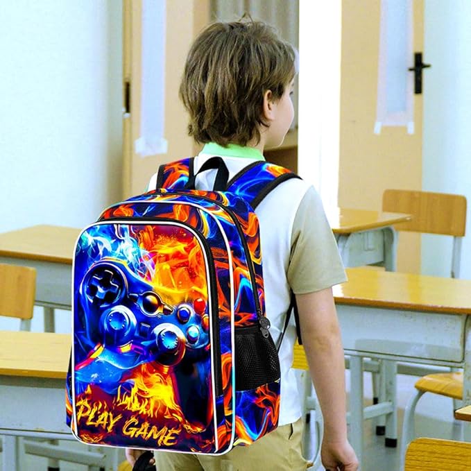 KLFVB 3PCS Bookbag for Boys, 17" Boys Game Backpack and Lunch Box, Water Resistant Teenagers Backpacks for Middle Elementary - Flame Game