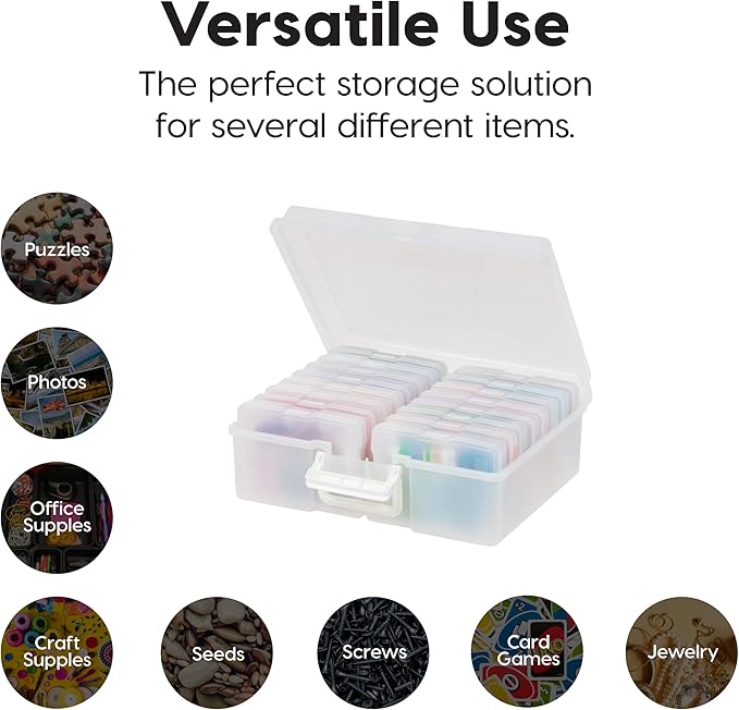 IRIS USA 4" x 6" Photo Storage Box Craft Keeper, 2-Pack, Discreet Handle Container with 16 Organization Holder Cases for Pictures, Tasks, Scrapbooking, Ephemera, Stationery Storage, Pearl