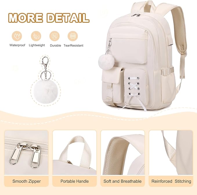 Backpacks for Girls, Girls Backpack with Lunch Box & Pencil Pouch for Teens Girl Kids Elementary Middle High School College Student Bookbag Daypack Laptop Travel Backpack for Women (Beige)