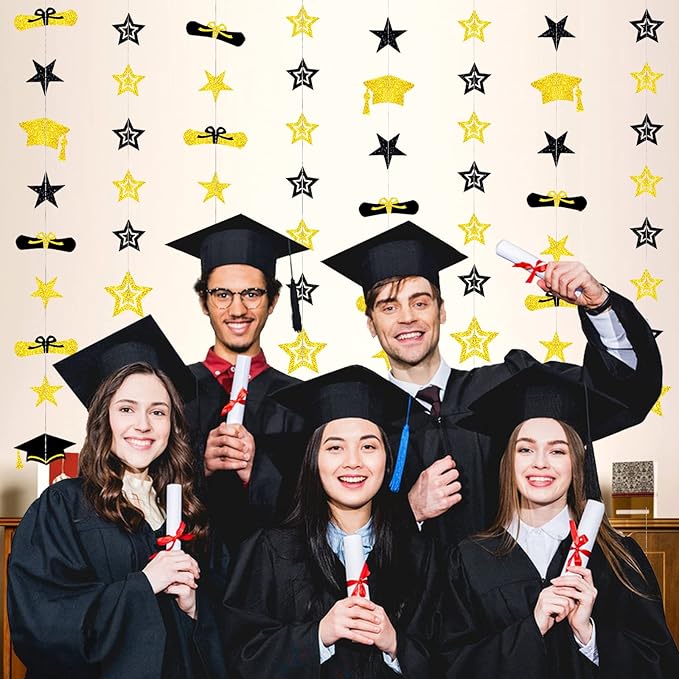 8 Pack 2026 Graduation Party Decorations - Black Gold Glitter Backdrop with Cap, Diploma & Star Garland Banner Hanging Decor - Perfect for High School, College, and Middle School Graduation Parties