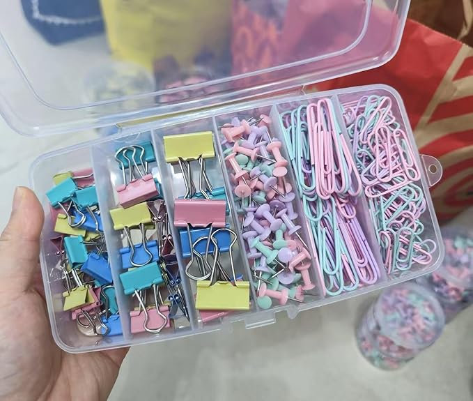 Colorful Paper Clips Binder Clips Set, 300 Pcs Assorted Sizes Binder Clips & Paper Clips Small Medium Large, Pastel Claps and Push Pins Office Supplies Kit for Paper Work and School Teacher Use