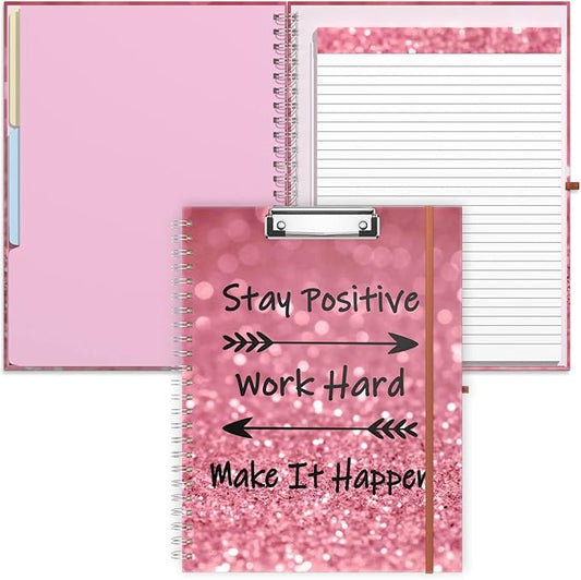 Rimilak Spiral Clipboard Folio with Refillable Lined Notepad, 14.5 x 9.8 In, Hardcover Cover with 5 Interior Pockets, Elastic Band and Pen Loop Series. Cute Stylish Clipfolio, Work Hard