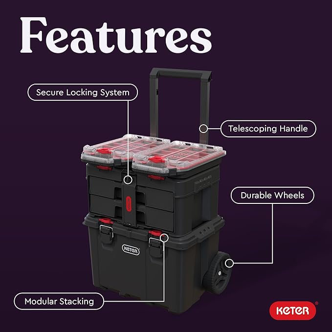 Keter Stack-n-Roll 2.0 Modular Tools Organizer for Garage Storage and DIY, 3 Piece Resin Rolling Tool Box System for Small Parts, Black