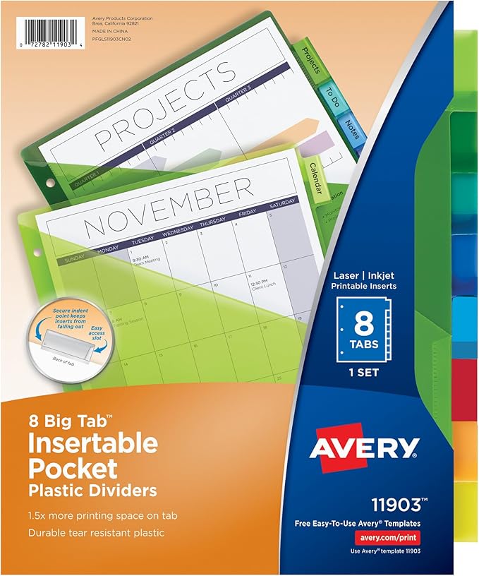 Avery Insertable Plastic Dividers for 3 Ring Binders, 8 Tabs per Set, Big Tabs, Two Pockets, Multicolor Binder Dividers, Works with Sheet Protectors (24 Sets of 11903)