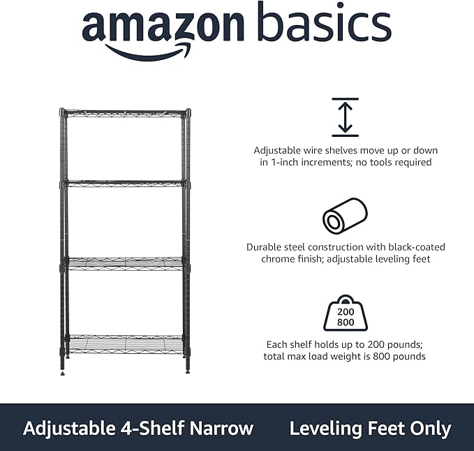 Amazon Basics 4-Shelf Steel Wire Rack, 13.4 D x 23.2 W x 48 H in, Black | Sturdy, Adjustable, Easy Assembly, Storage