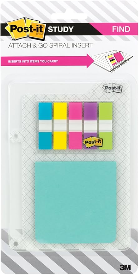 Post-it Study Attach and Go Insert for Spiral Notebooks, includes Attach and Go Full Adhesive Notes and Flags
