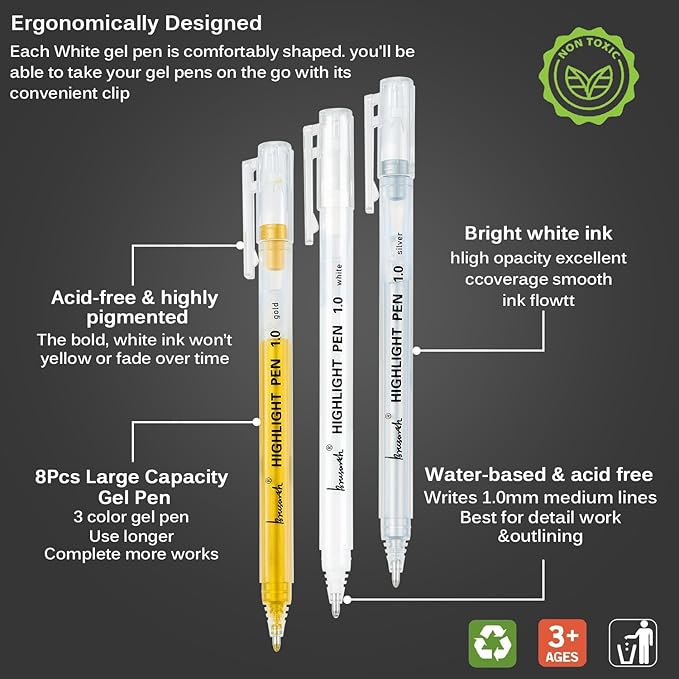 Gold Silver White Gel Pens, 1mm Fine Point Gel Ink Pen Opaque Archival Ink Pens for Black Paper Drawing, Sketching, Illustration, Card Making, Bullet Journaling, 8 Pack