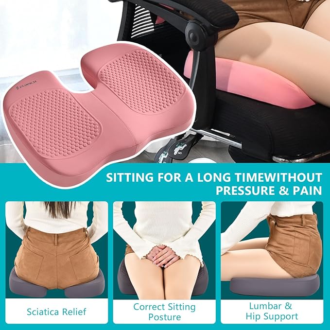 FLORICH Car Seat Cushion and Back Support for Office Chair Memory Foam Chair Cushions Pressure Relief Seat Pads with Gel Massage Point Lumbar Support(Light Pink)