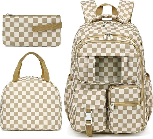 Girls School Backpack Set - Teens Kids School Bag Bookbag with Lunch Box Pencil Case for Elementary Middle School (Checkered Khaki)