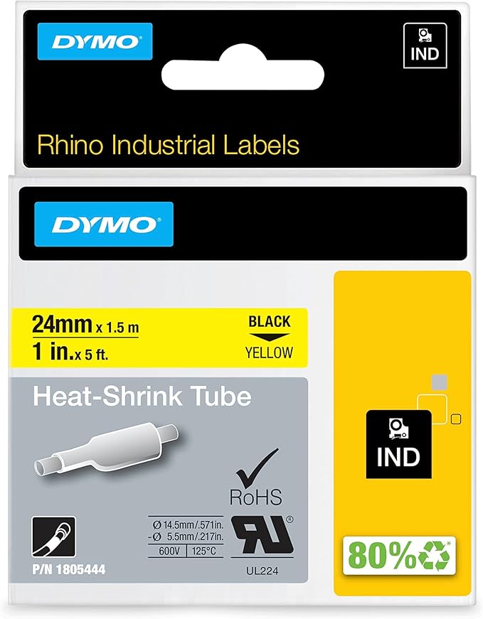 DYMO Rhino Industrial Heat-Shrink Labels, 1" Tube, Black Print on Yellow