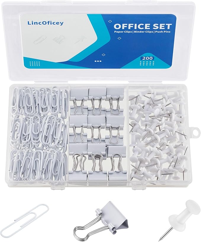 200pcs Paper Clips Binder Clips and Push Pins Set, Mini Clips and Thumb Tacks for Multipurpose Document Organization (White)