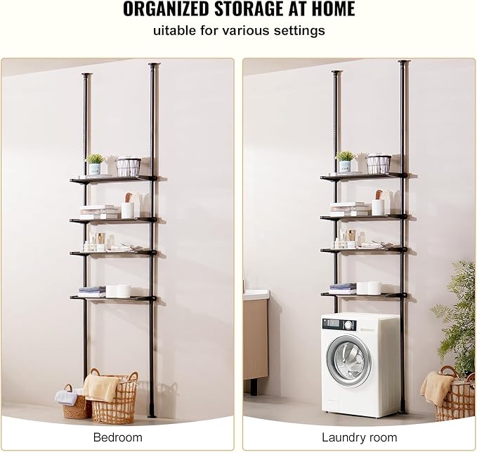 VEVOR Over Toilet Shelf, 4-Tier Adjustable AboveToilet Bathroom Storage, Low-Carbon Steel 53"-132" Tall Storage Shelf Rack, Easy Assembly Laundry Space Saver, for Small Rooms, Fit Most Toilets