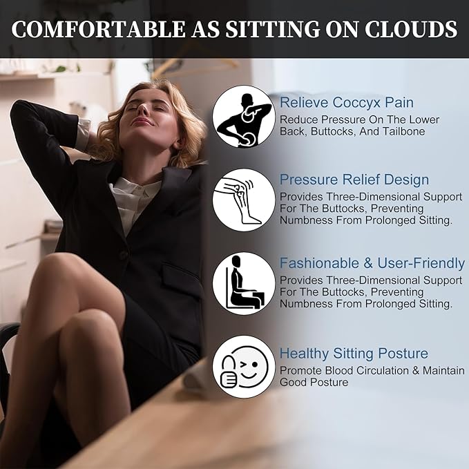 Ergonomic Memory Foam Seat Cushion | Relieves Sciatica, Tailbone & Lower Back Pain | Non-Slip, Breathable Pad for Office, Gaming, Car & Wheelchair Use | Ideal for Long Sitting Comfort