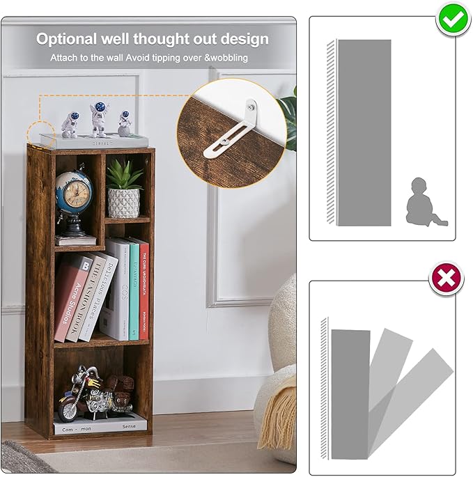 VECELO Small Bookshelf, 4 Cube Slim Bookcase, Fits Tallest Hardcovers, Horizontal Available, Modern Floor Standing Unit, Each Shelf Hold Up to 66 LBS,Brown