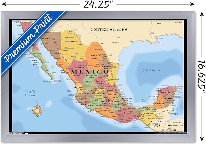 Trends International Map - Mexico Wall Poster, 14.725" x 22.375", Silver Framed Version