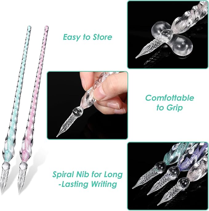 Outus 9 Pieces Glass Dip Pen Handmade Glass Signature High Borosilicate Crystal Vintage Dip Pen with 9 Pieces Penholder for Writing Drawing Calligraphy(Classic style,Classic Color)