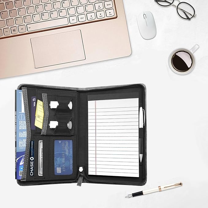 Junior Business Padfolio - A5 PU Leather Portfolio Binder & Zippered Binder Folder with 5 x 8 Writing Pad and Interior Storage Pocket Executive Business Organizer for Men Women,Gray