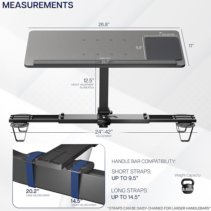 VIVO Wooden Laptop Treadmill Desk, Tilting Ergonomic Notebook Mount Stand with Mouse Pad and Wrist Support, Fits Both Round and Square Handlebars, Black, STAND-TDML4R