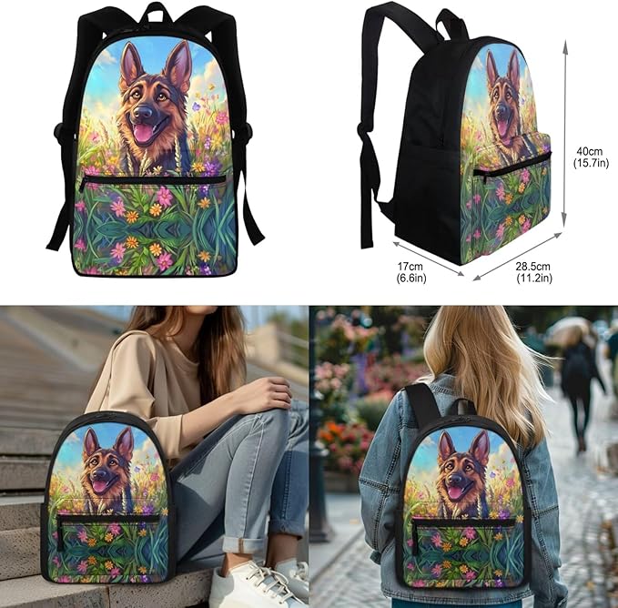 German Shepherds Backpack for Girls Boys 6-8 10-12 Kids School Bag Set with Lunch Bag Pencil Case Kindergartner Elementary Preschool Middle School Bookbag Water Bottle Sleeve