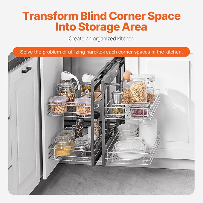 VEVOR Min 15" W Opening Blind Corner Pull Out Organizer, 2 Tier 4 Shelf Kitchen Cabinet Organizer, Chrome Carbon Steel Storage Basket, Slide Out Storage Organizer, Left & Right Open Compatible