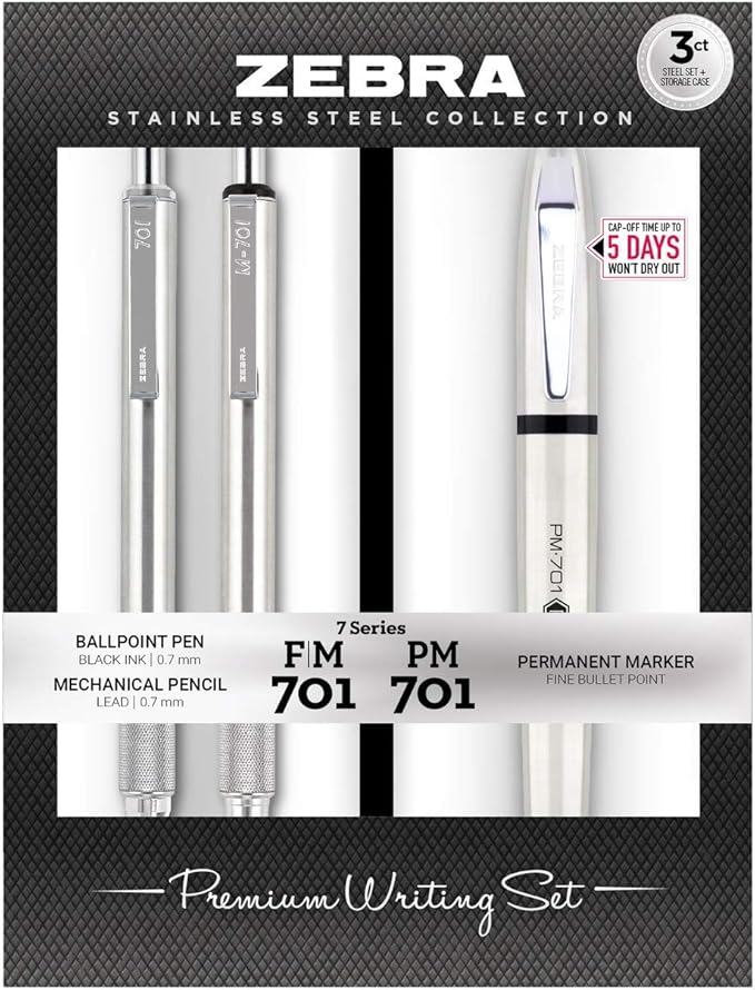 Zebra Pen Premium Steel Writing Set, PM-701 Permanent Marker, F-701 Ballpoint Pen, M-701 Mechanical Pencil, Ideal for Tactical Use, Great for Gift Giving, 3-Pack (11213)