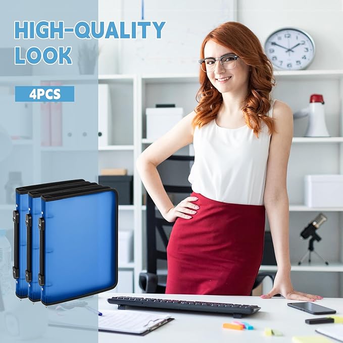 Teling 4 Pcs Plastic Zipper Binders with 3 Ring Zipper Binder, Refillable File Organizer Planner for Projects, Assignments, Memos, School Work (1 Inch,Blue)