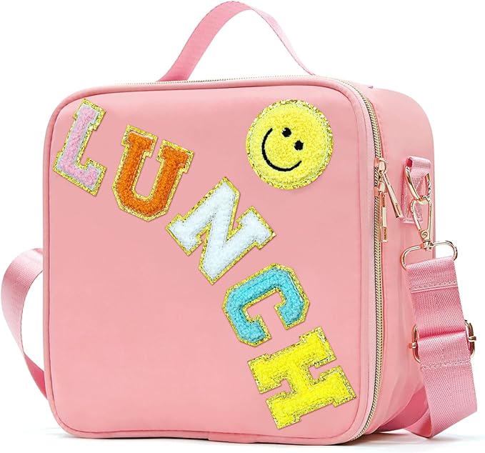 Insulated Lunch Bag Women Lunch Box Kids for Teen Girls Boys, Cute Preppy Lunch Boxes With Adjustable Shoulder Strap, Waterproof Nylon Lunchbox Lunch Bags for School Work Picnic (Light Pink)