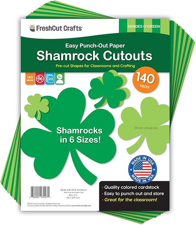 FreshCut Crafts 140 Piece Shamrock Cutouts Set: Pre-Cut Green Irish Clover Shapes for School Supplies, Decorating Themed Events Bulletin Board & St. Patrick's Day Decor, US Made Quality Card Stock