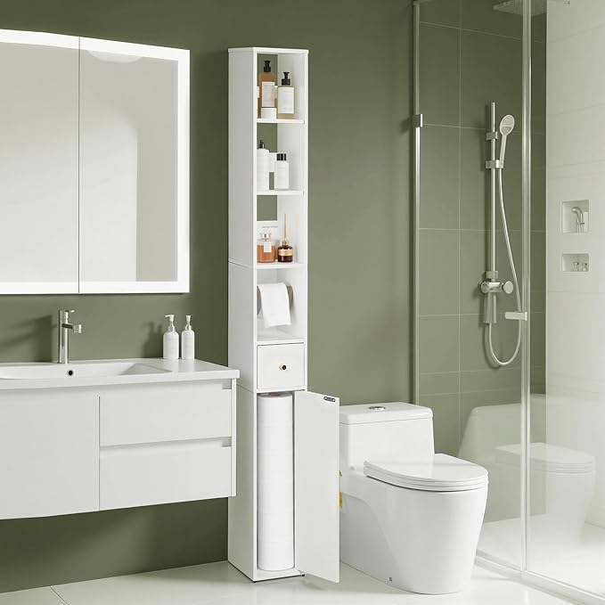 VECELO Tall Narrow Storage Cabinet with 3 Adjustable Shelves, Slim Freestanding Bathroom Cabinet with Toilet Paper Holder, Magnetic Door & Drawer, for Small Spaces, 7.9" D x 7.9" W x 67" H, White