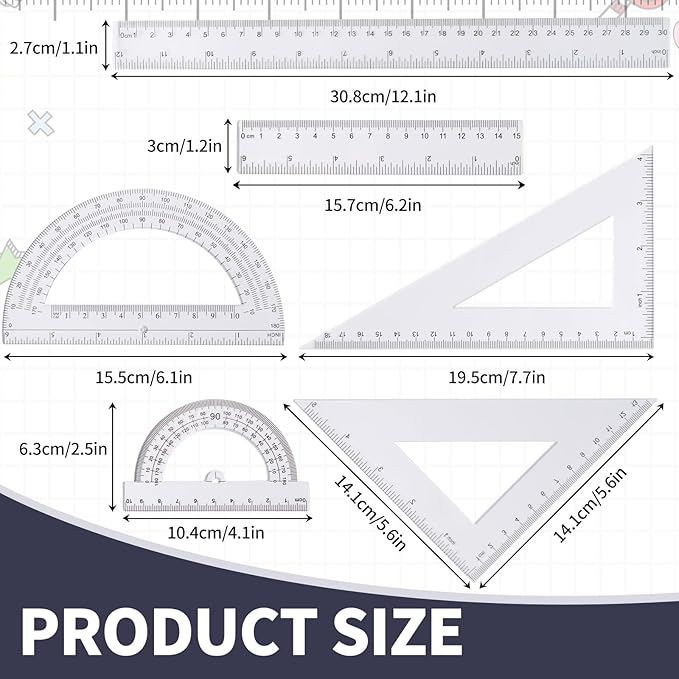6-Piece Clear Math Geometry Set with 12-Inch and 6-Inch Rulers, 2 Triangles, 2 Protractors