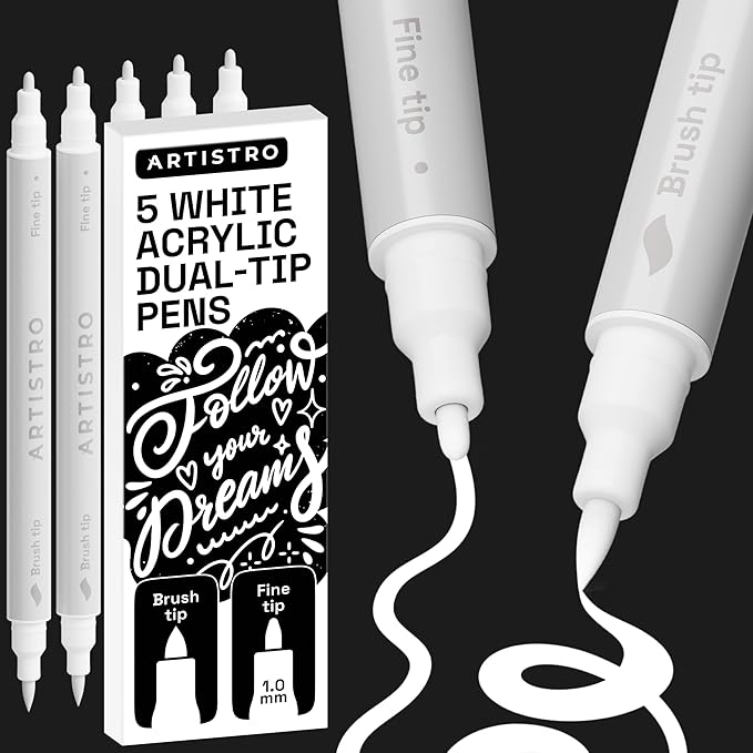 ARTISTRO 5 White Acrylic Paint Markers - Paint Pens for Calligraphy, Brush + Fine Tips - For Fabric, Rock, Glass, Wood, DIY, Craft, Canvas - Art and Craft Supplies for Adults, Teens, Kids