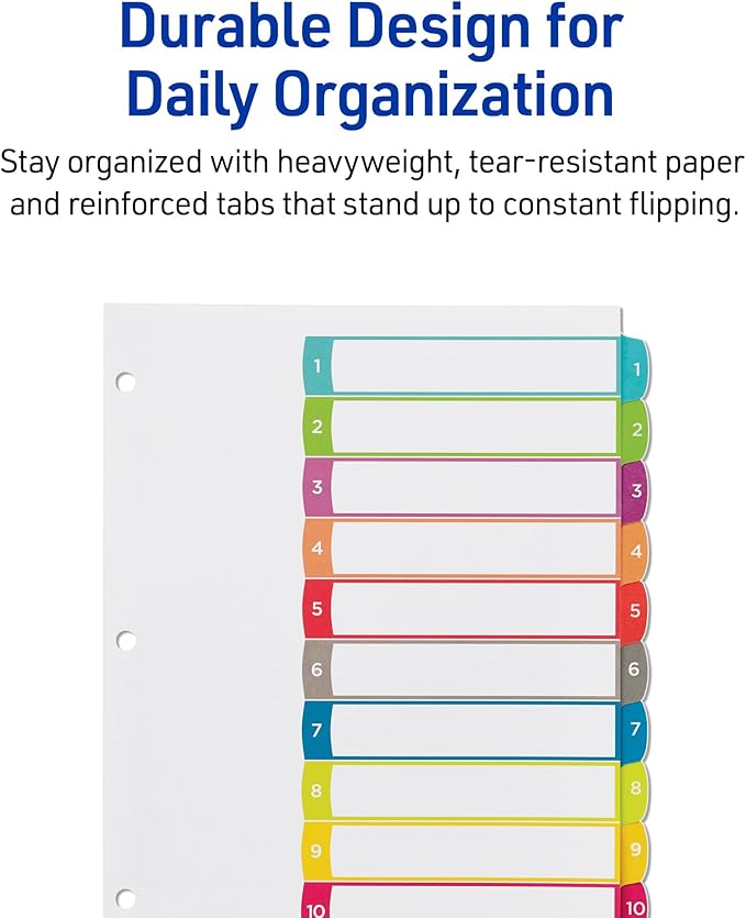 Avery Dividers for 3 Ring Binders, 10 Tabs per Set, Customizable Table of Contents, Multicolor Arched Tabs, Great for Organizing Reports, Projects, and More (11842)