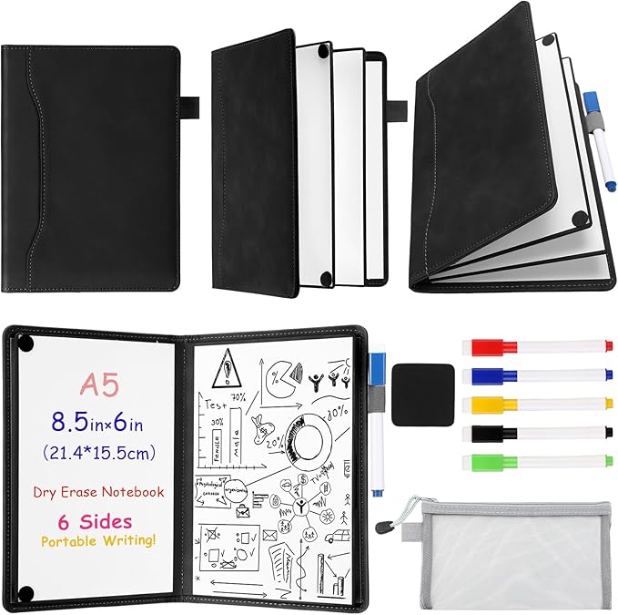Feifeiya 6 Sides Dry Erase Notebook Portable Whiteboards Notebook 9"x6"(a5) Small Reusable Whiteboard Notepad Foldable Anti-ghosting Surface, Travel White Board for Office Study Meeting Planning