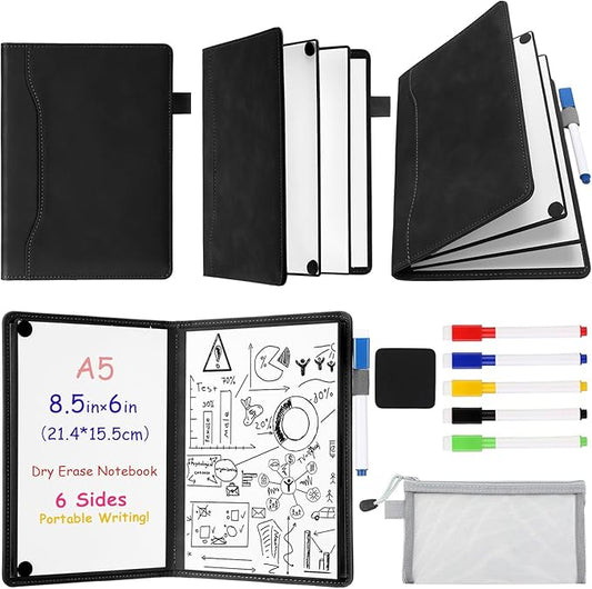 Feifeiya 6 Sides Dry Erase Notebook Portable Whiteboards Notebook 9"x6"(a5) Small Reusable Whiteboard Notepad Foldable Anti-ghosting Surface, Travel White Board for Office Study Meeting Planning