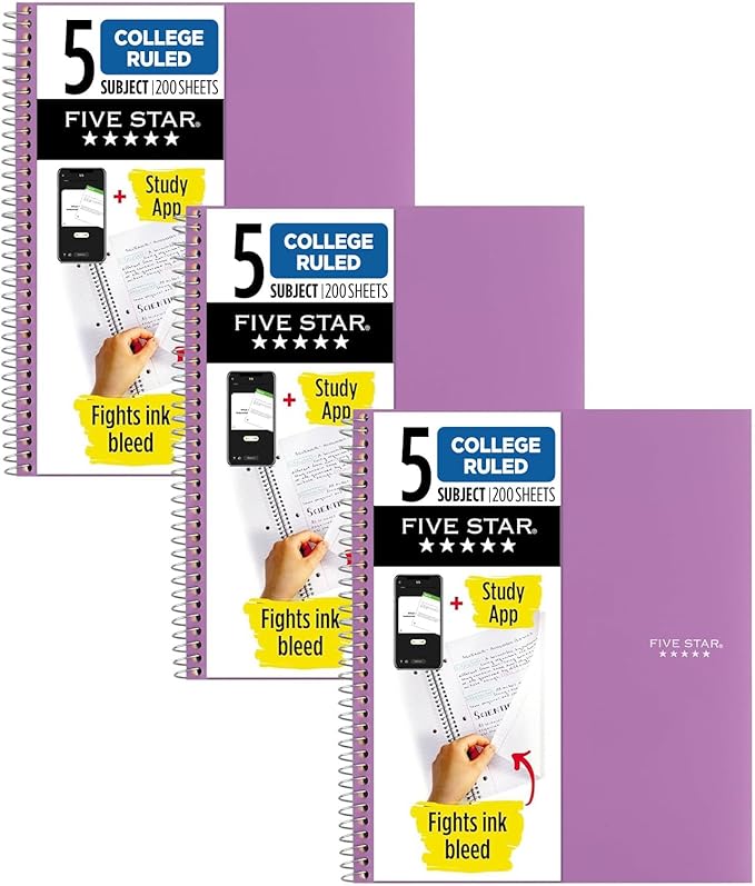 Five Star Spiral Notebook + Study App, 5 Subject, College Ruled Paper, 8-1/2" x 11", 200 Sheets, Fights Ink Bleed, Water Resistant Cover, Amethyst Purple (38748) (Pack of 3)