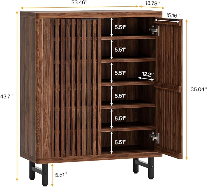 Tribesigns 6-Tier Shoe Cabinet with Shutter Doors, Large Wooden Shoe Organizer Rack with Adjustable Shelves, Modern Farmhouse Hidden Storage Furniture for Entryway, Hallway (Walnut)