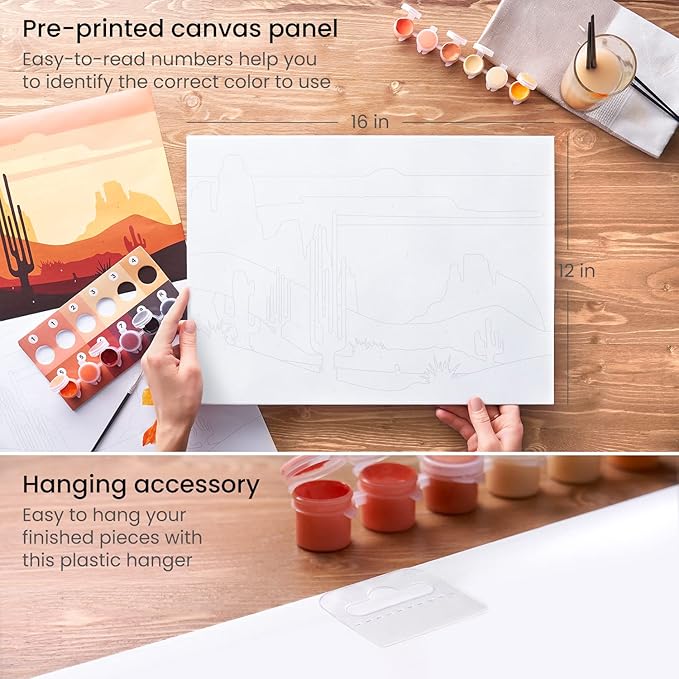 ARTEZA Paint by Number for Adults, 12x16 Inches, 21 Pieces, Desert Paint by Numbers Kit, Comes with 1 Canvas Panel, 12 Acrylic Paint Pots, 5 Paintbrushes, Art Supplies for Home & Office Wall Decor
