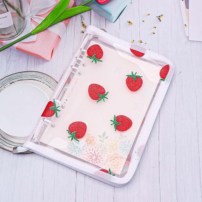 AxeWoodz White A5 Zipper Binder Clear Refillable Notebook Shell Cute Strawberry Lace Cover 6 Ring PVC Binder Cover for Photocard Planner Journal Photo Album