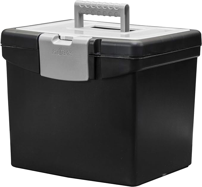 Storex 61504B02C Portable File Box with XL Lid, 11 x 13-1/2 x 11 Inches, Black (Pack of 3)