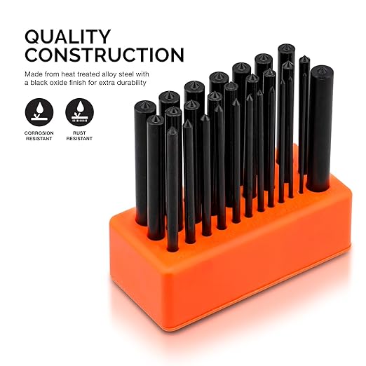 NEIKO 02621A Transfer Punch Set with Premium Heat-Treated Alloy Steel Punches, Hole-Punch Set, Punch Sizes 3/32" to 1/2", 28-Piece Kit