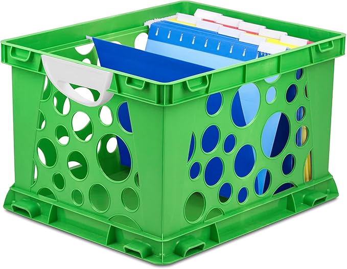 Storex Premium File Crate with Molded Handles – Letter and Legal Document and Folder Storage, Green/White, 3-Pack (61780A03C)