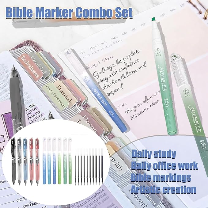 CHANGLi Bible Study Gel Pen Set with Highlighters-3 Black 2 Red Gel Pens, 6 Dual-Tip Pastel Highlighters, 75 Bible Index Tabs&10 Refills-No Bleed, Smooth Writing-Perfect Christian Gift for Journaling