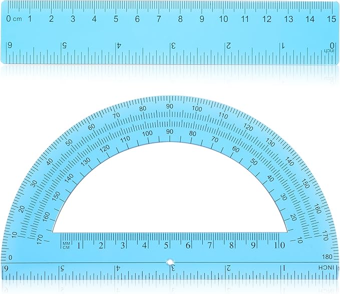 2Pcs 6 Inch Plastic Protractor and 6 Inch Plastic Ruler Set, Student Geometry Math Transparent Measuring Tools for Classroom School Office Supplies Drawing Measuring (Blue)