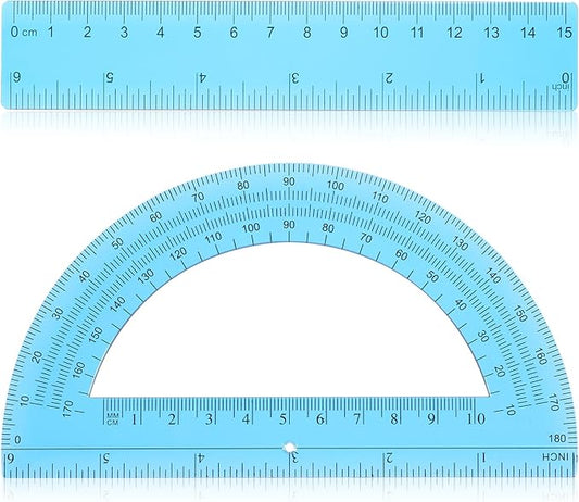 2Pcs 6 Inch Plastic Protractor and 6 Inch Plastic Ruler Set, Student Geometry Math Transparent Measuring Tools for Classroom School Office Supplies Drawing Measuring (Blue)