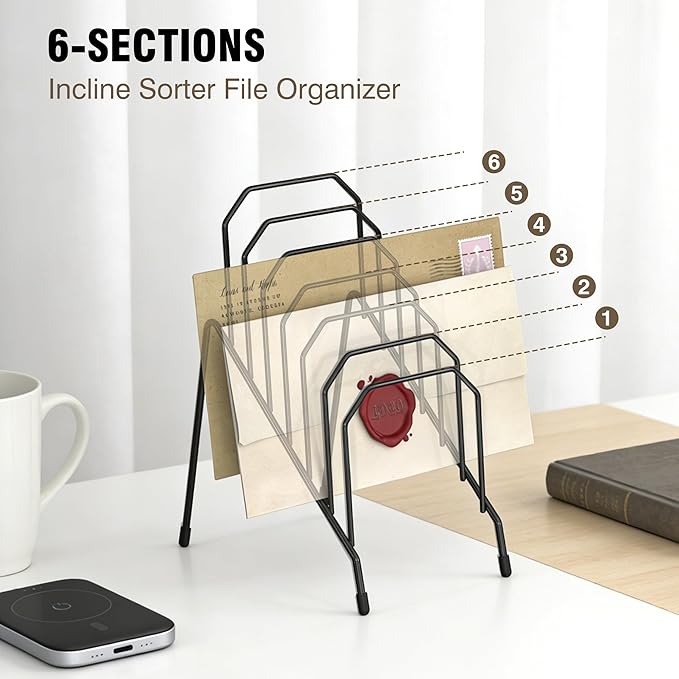 Incline Desk Mail Organizer, Mail Sorter Letter Organizer Rack with 6-Section Vertical Compartments Rack for Letters, Postcards, Brochures, Mail Holder for Office, Home, School