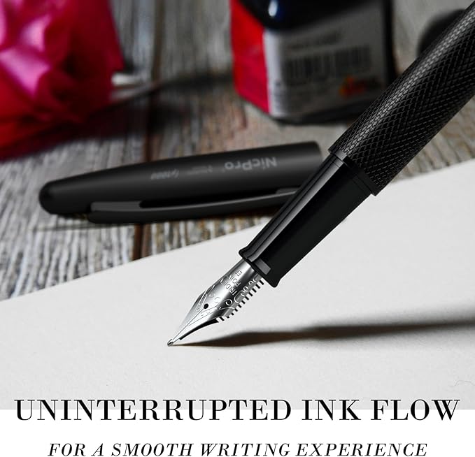 Nicpro Fountain Pen Set with Box, Classic Black Fancy Pen with Converter, 0.5mm Fine Nib Smooth Writing Calligraphy, Luxury Gift Pen