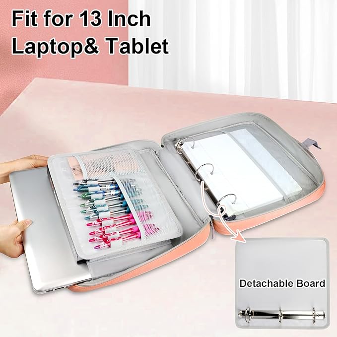 3 Ring Zipper Binder Bag 2 Inch with Shoulder Strap, Waterproof Nylon Binder with Zipper for 500 Sheet Capacity, Multi-Pocket Portfolio Organizer Case for 13 Inch Laptop Middle School (Peach)